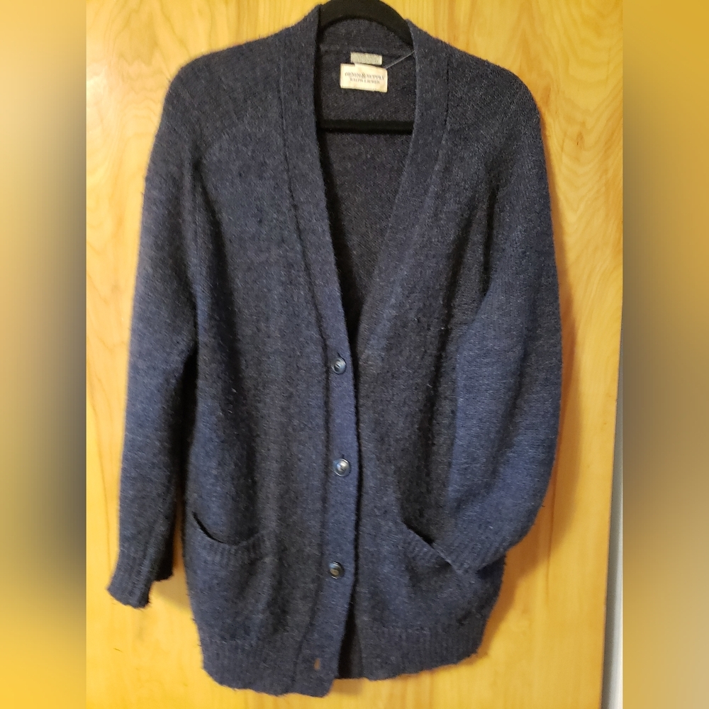 Grandpa Cardigan. 30% Mohair. Blended Colors Of Navy And Burgandy. Oversized M